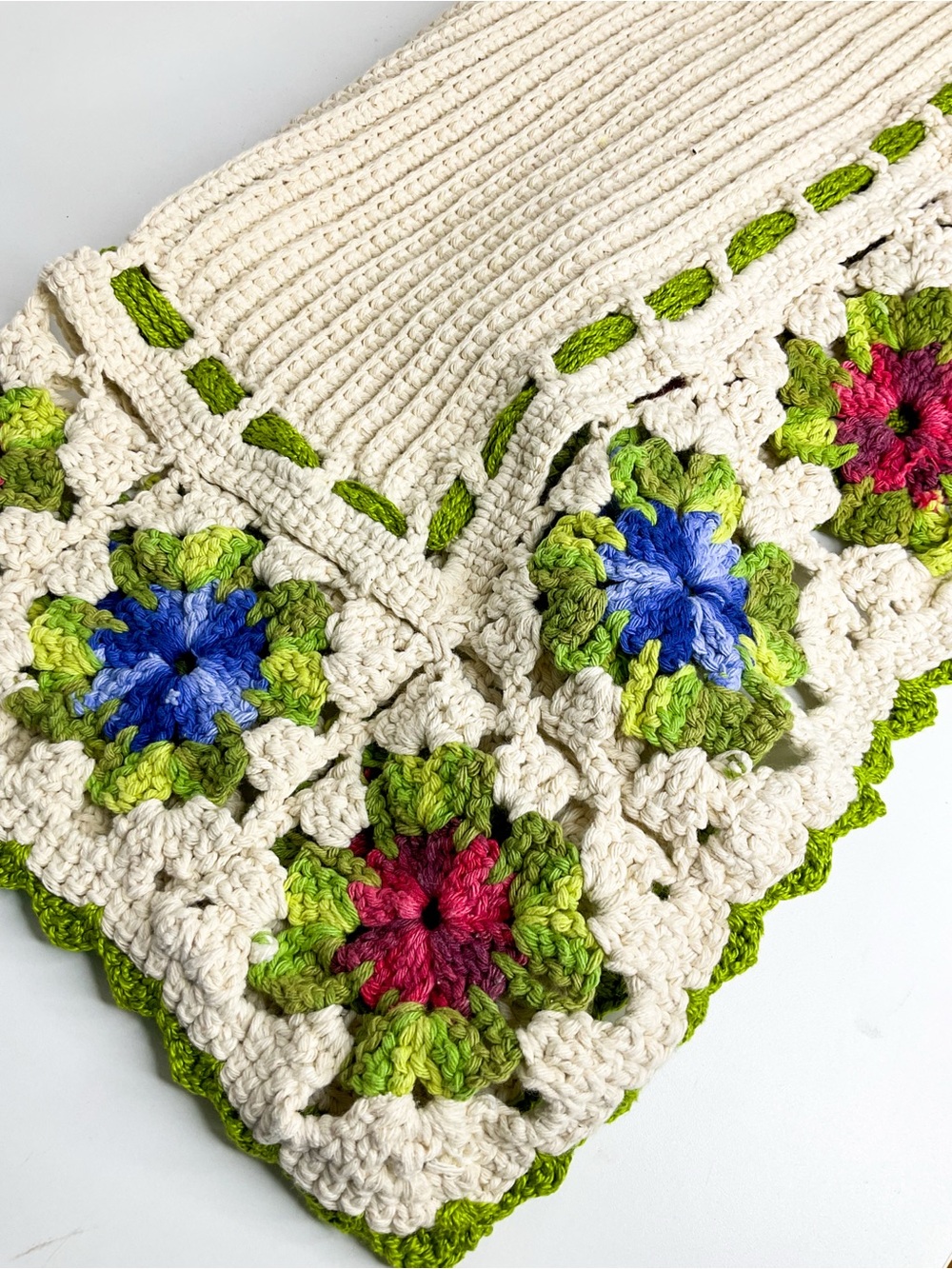 COTTAGECORE Handmade Cream Crochet Throw with Green, Blue and Pink Accents
